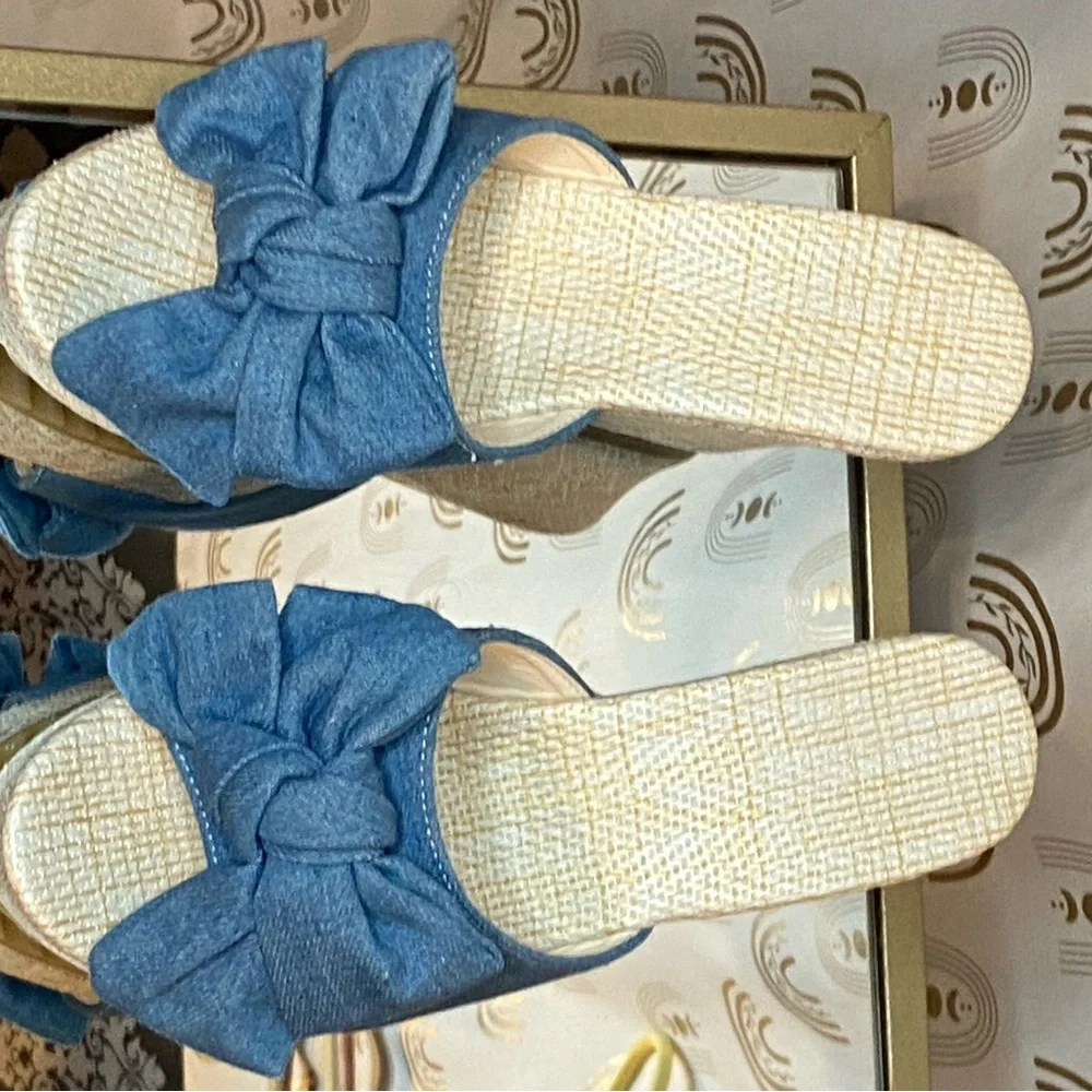 Espadrille Wedge Slide Sandals | Denim Bow | Size 9